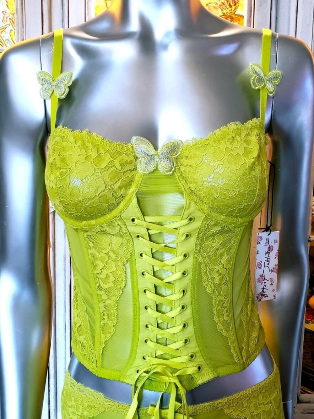 Betsey Johnson Corset Dress Top Panties Lingerie Set Green Lace Mesh Butterfly S - Picture 11 of 16